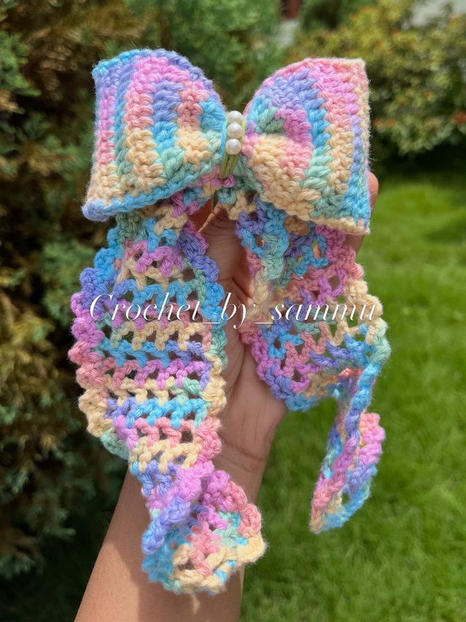 Rainbow crochet hair bow